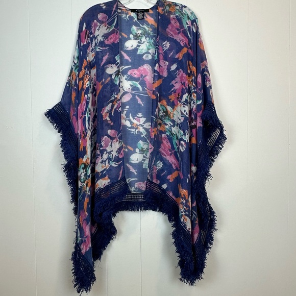 Cejon Floral Kimono with Fringe Trim Size OSFM - Picture 2 of 4